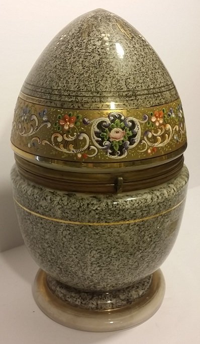 Large Hand Painted Glass Bar Set: Opens To Reveal Decanter and 6 Shot Glasses, Hinge on Rear has been repaired - and minor stress fracture near Hinge on back