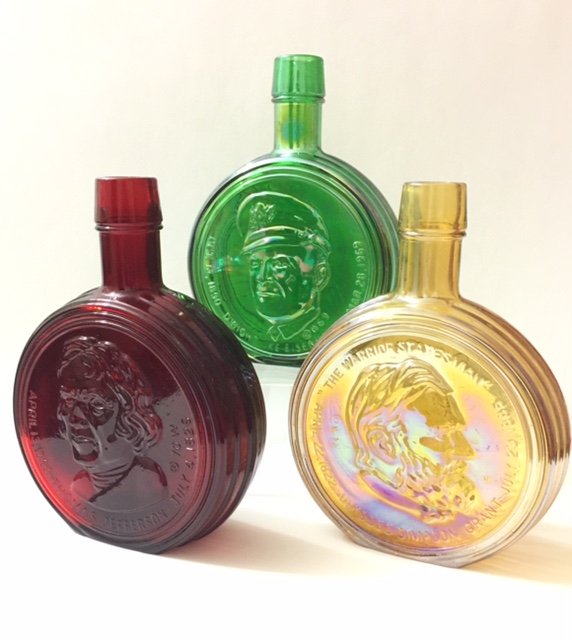 Lot of 3 - 1970's Wheaton Glass Decanter Bottles: Dwight Eisenhower/Ulysses Grant/Thomas Jefferson