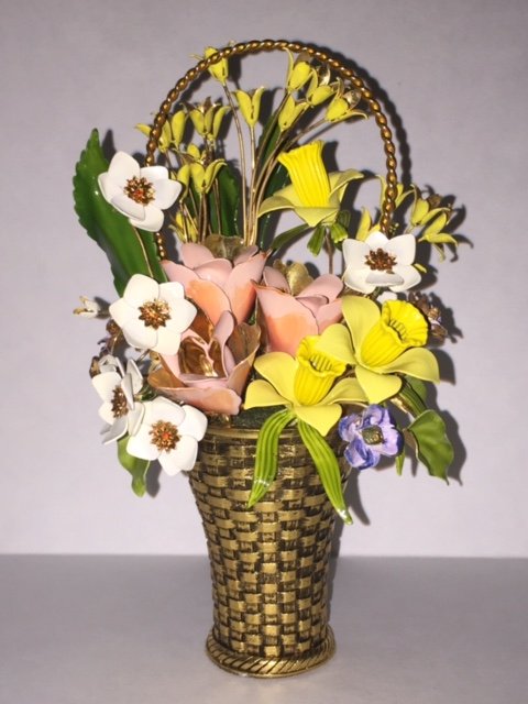 VTG Signed FABERGE "THE SPRING BOUQUET": From The Flowers of the Seasons Collection Beautiful Heavy Gold Vase w/Enameled Floral Bouquet Made in 1977 by Gloria Vanderbilt - SEE ALL PHOTOS