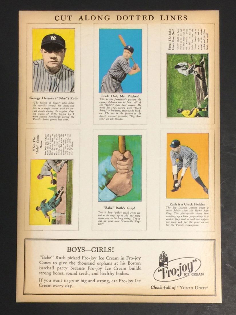 Rare BABE RUTH Fro-Joy Ice Cream Baseball Cards: Un-Cut Baseball Cards Sheet - Promotional Giveaway