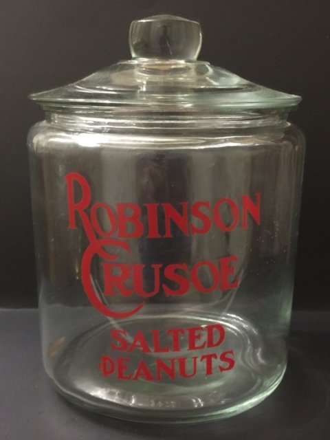 Old Drug Store ROBINSON CRUSOE Salted Peanuts Jar: Large Drug/General Store Salted Peanuts Glass Jar