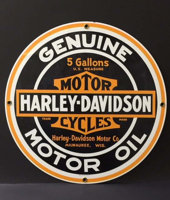 Porcelain HARLEY-DAVIDSON Advertising Sign: 12" Diameter - Awesome Piece from a High End Collection