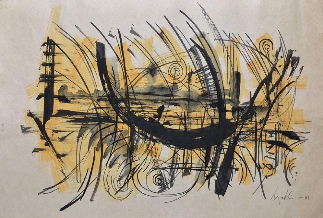 Attributed to: GEORGES MATHIEU (French, 1921-2012): Medium: Mixed Media on Paper, Date: 1964, Size: 12 ½ x 18 ¼ in.