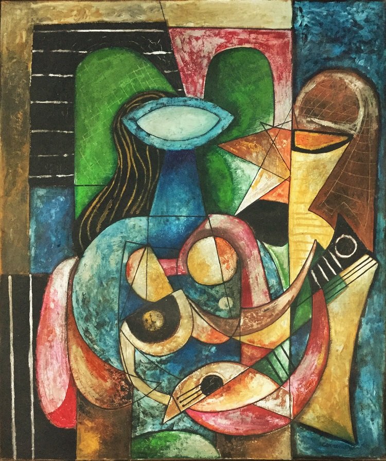MARIO CARRENO (Cuban, 1913-1999): Title: Mujer con Guitarra, Medium: Mixed Media on Masonite, Date: 1946, Size: 21 ¾ x 18 ½ in. COA