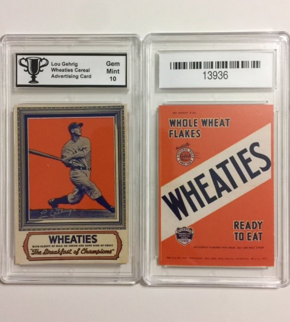 Rare LOU GEHRIG Wheaties Advertising Baseball Card: Gem 10 "WHEATIES CEREAL" Advertising Card Great Card - Hard to Find - Graded Gem Mint 10