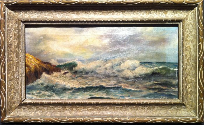 Grace Anderson (American, b 1880s?)-Seascape: Small antique Seascape on canvas. Signed lower right. Stamped verso. 12 1/2 x 8 inches (Framed)