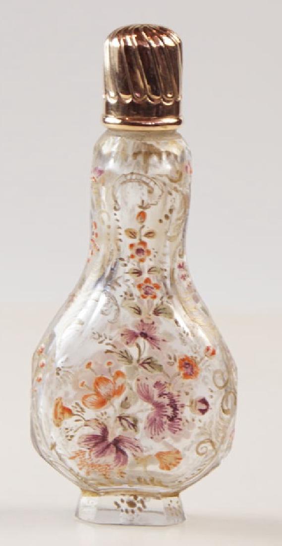 Rare James Giles Scent Bottle: Rare James Giles Scent Bottle The clear glass Lavishly decorated with flowers and birds with gold screw top Country:UKDimensions:Width: 1.25" widest point Depth: Height: 3.1"Circa:1760