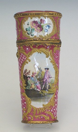 A Bilston Enamel Etui: A Bilston Enamel Etui c1780 The pink case opening to reveal a full set of tools including scissors fruit knife pencil etc for 360 images please click on this link http://imagehosting.kimputer