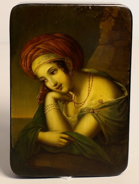 Stobwasser snuff box: Stobwasser snuff box Of oblong form opening to revel the signature Stobwasser fabrick brunsweig Titled ‘Le Soeur de Didon’ and numbered 2974 3.5" For 360 images please click on this link http://