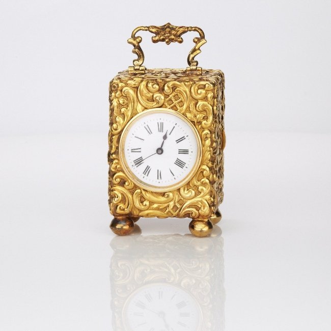 Gold repouseé miniature carriage clock