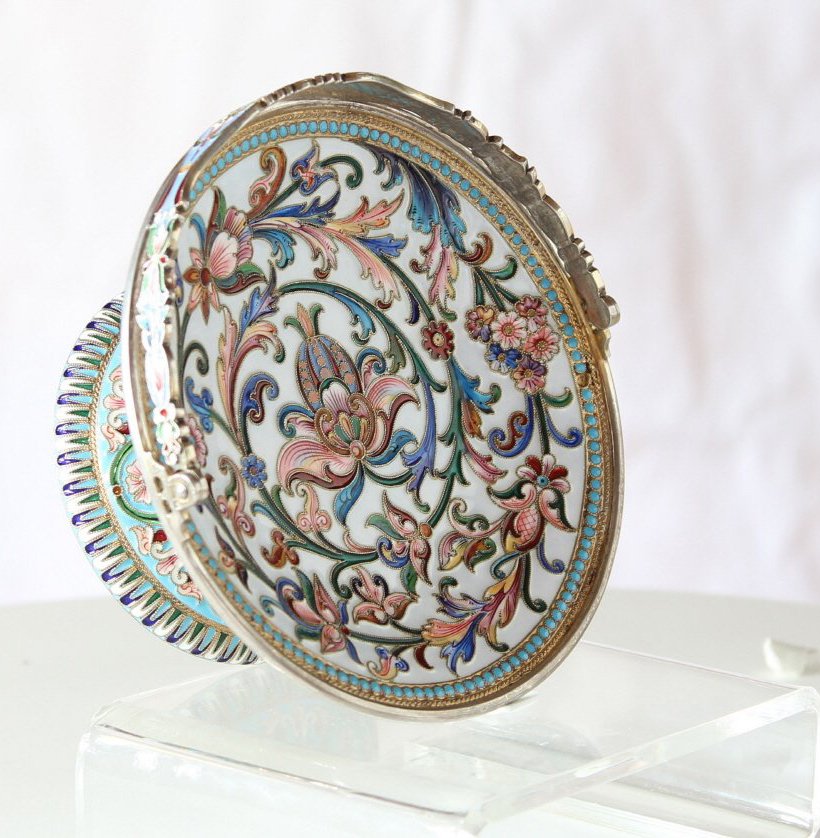 Russian Silver Enamel Basket by Nikolai Alekseev: * An Imperial Russian silver-gilt and shaded cloisonne enamel basket by Nikolai Alekseev, Moscow, circa 1896-1908. The interior of the bowl painted with a shaded polychrome coiled flower trail on a wh