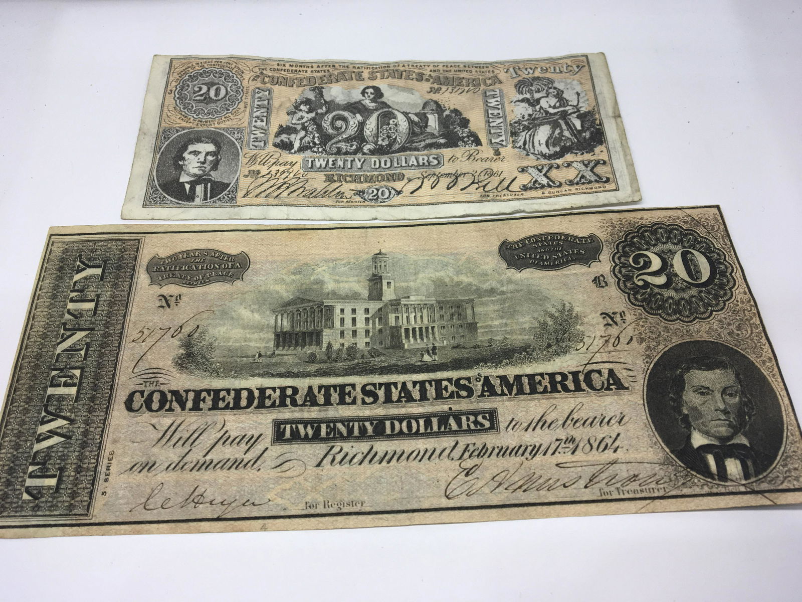 Two Confederate States American Twenty Dollar Bills: Two Confederate States American Twenty Dollar Bills dated February 17th 1864 and September 2nd 1861.