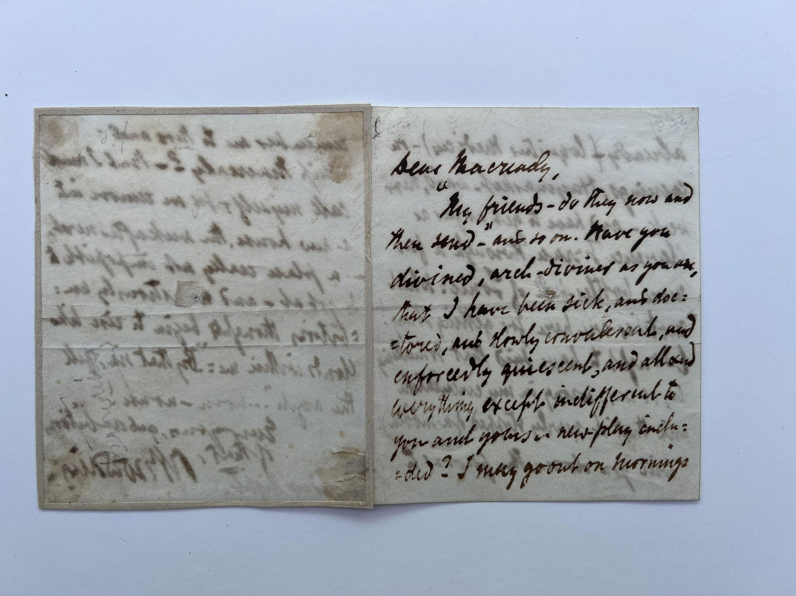 A signed letter by Robert Browning to a Mr Macready (William Charles Macready) undated.: A signed letter by Robert Browning to a Mr Macready (William Charles Macready) undated.