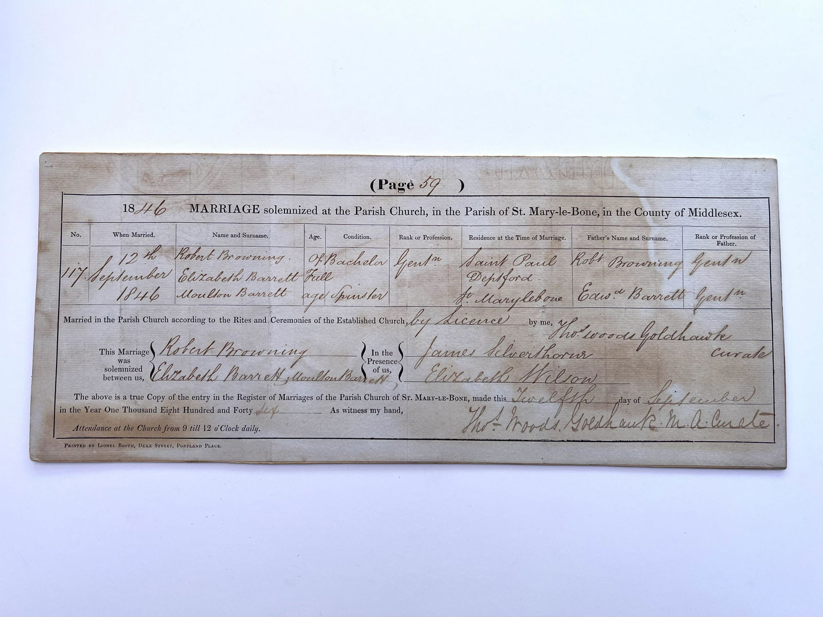 The original marriage certificate for Robert Browning and Elizabeth Moulton Barrett dated: The original marriage certificate for Robert Browning and Elizabeth Moulton Barrett dated 1846, mounted on card, signed by Thomas Wood Goldhawk, together with a photocopy of the original.