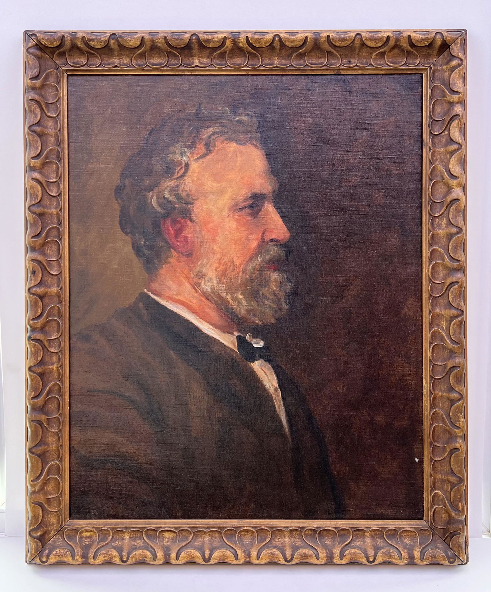 An oil on canvas portrait of Robert Browning after a painting by George Frederic Watts, unsigned: An oil on canvas portrait of Robert Browning after a painting by George Frederic Watts, unsigned attributed work by Robert Barrett Browning, 75cm x 62cm including gilt wood frame.