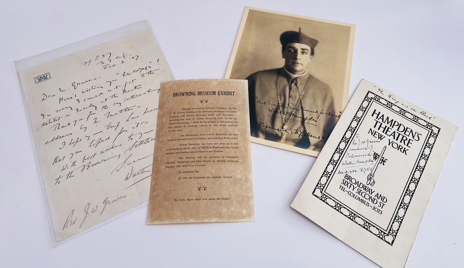 Related to Lot 1. Autographed photo, Programme and a letter to Rev.J.W.Graves warden of The Robert: Related to Lot 1. Autographed photo, Programme and a letter to Rev.J.W.Graves warden of The Robert Browning Settlement from Walter Hampden, together with a leaflet stating the display of Robert Browni
