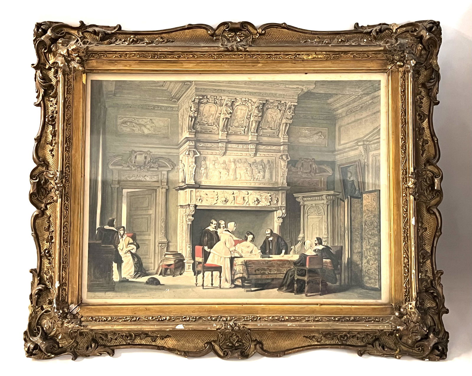 Property of the Robert Browning Settlement, 2 gilt framed coloured etchings titles the soreen in the: Property of the Robert Browning Settlement, 2 gilt framed coloured etchings titles the soreen in the church of dixmude, Belgium and The Marriage room in the Hotel De Ville, Antwerp, both having hand w