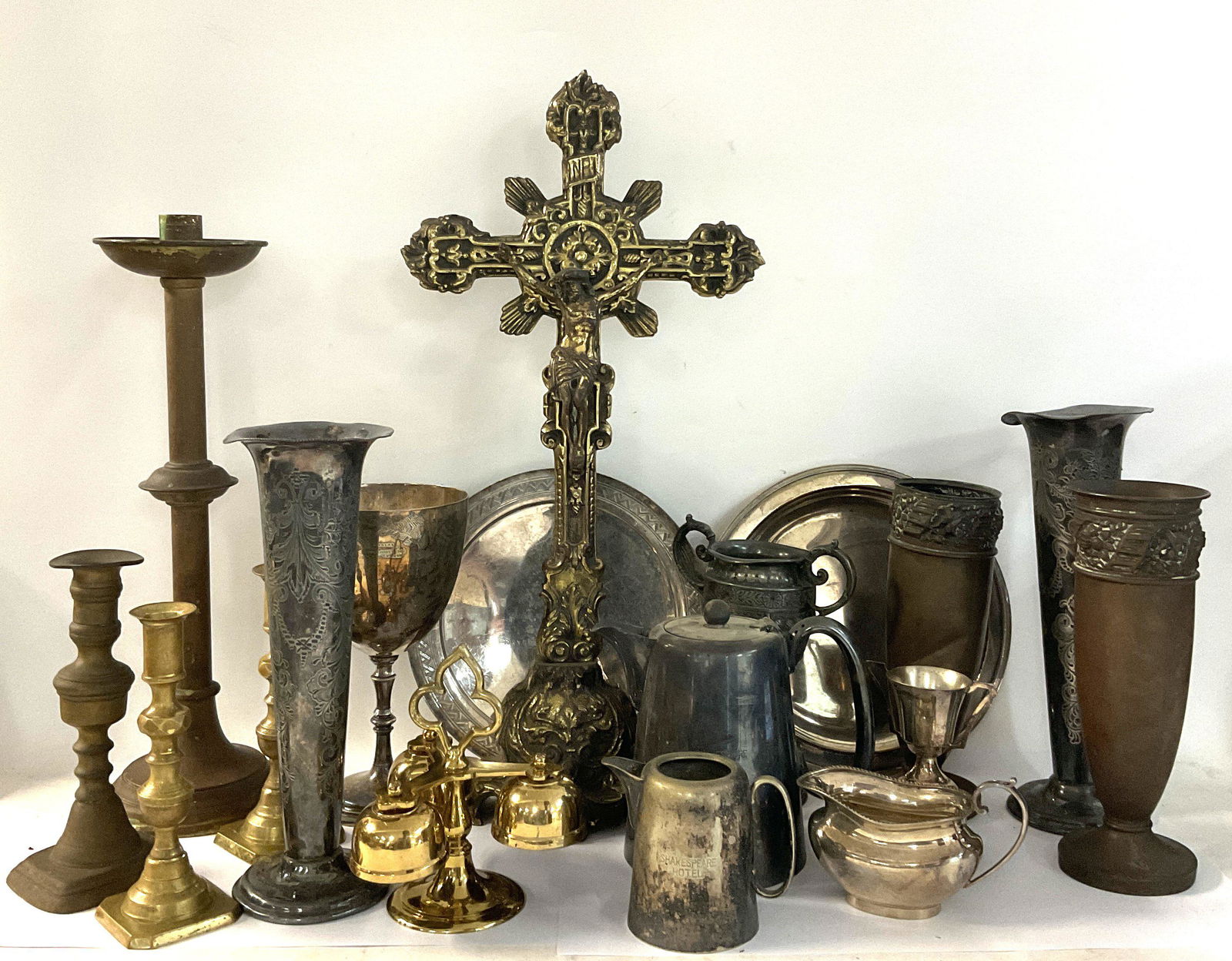 Robert Browning settlement, a collection of silver plate and brass items including a cast brass: Robert Browning settlement, a collection of silver plate and brass items including a cast brass Crucifix, trophys, hallmarked silver jug etc.