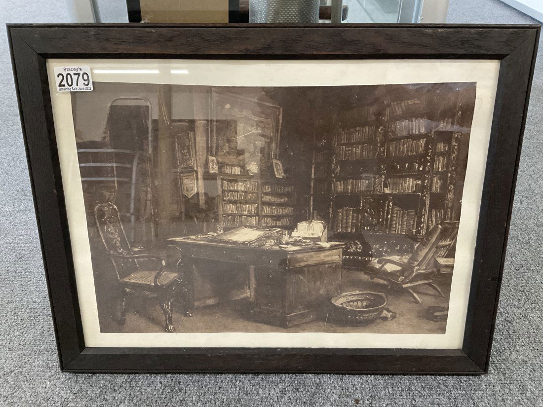 A framed picture of Robert Brownings: A framed picture of Robert Brownings Library at De-Vere gardens, London. 53.5 x 41cm