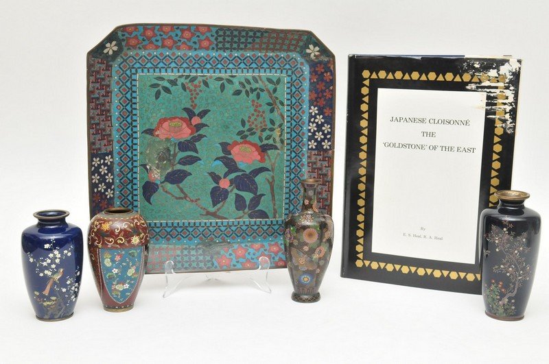 A collection of four decorative cloisonne vases togethe: A collection of four decorative cloisonne vases together with a square cloisonne charger and a book titled Japanese Cloisonne the Goldstone of the East