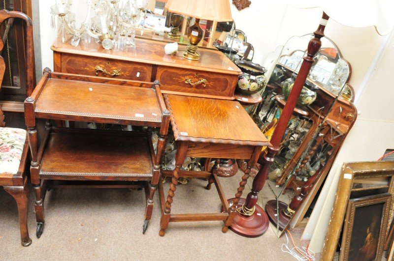 A set of four Queen Anne style dining chairs with vase : A set of four Queen Anne style dining chairs with vase shaped splats, together with an oak tea trolley, an oak table and a standard lamp
