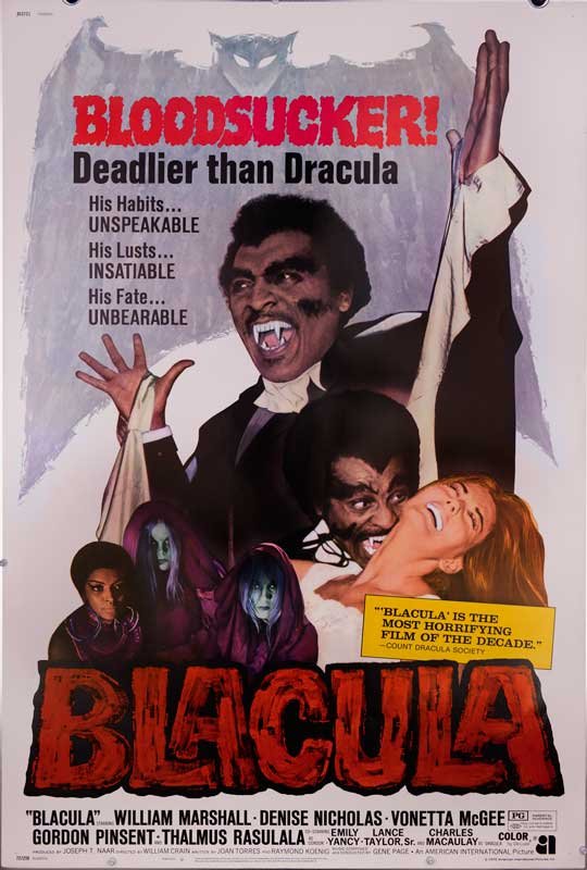 BLACULA (1972) ultimate exploitation giant 40x60 poster: Blaxploitation production of an ancient African prince, turned into a vampire by Dracula himself, finds himself in modern Los Angeles (from IMDb). 40" x 60" on cardstock. Extremely rare. 40" x 60" pos