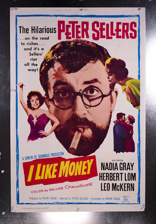 I LIKE MONEY (1961) 27x41 semitic poster: Peter Sellers takes a turn behind the camera as well as in front as Mr. Topaze, an honest schoolteacher fired for his decency, who gets a taste for the good life in a crooked finance scheme. 27" x 41"