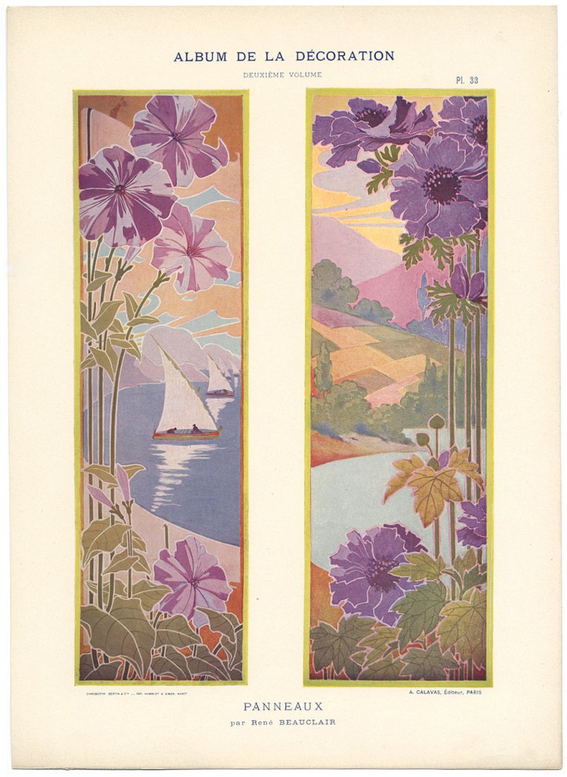 PANNEAUX Art Nouveau French antique print: Rene Beauclair. Antique lithograph, c. 1900. 10.5" x 14.5" Artwork sold by the well-respected Century Guild gallery in Los Angeles, established 1999. All artworks guaranteed authentic and come with re