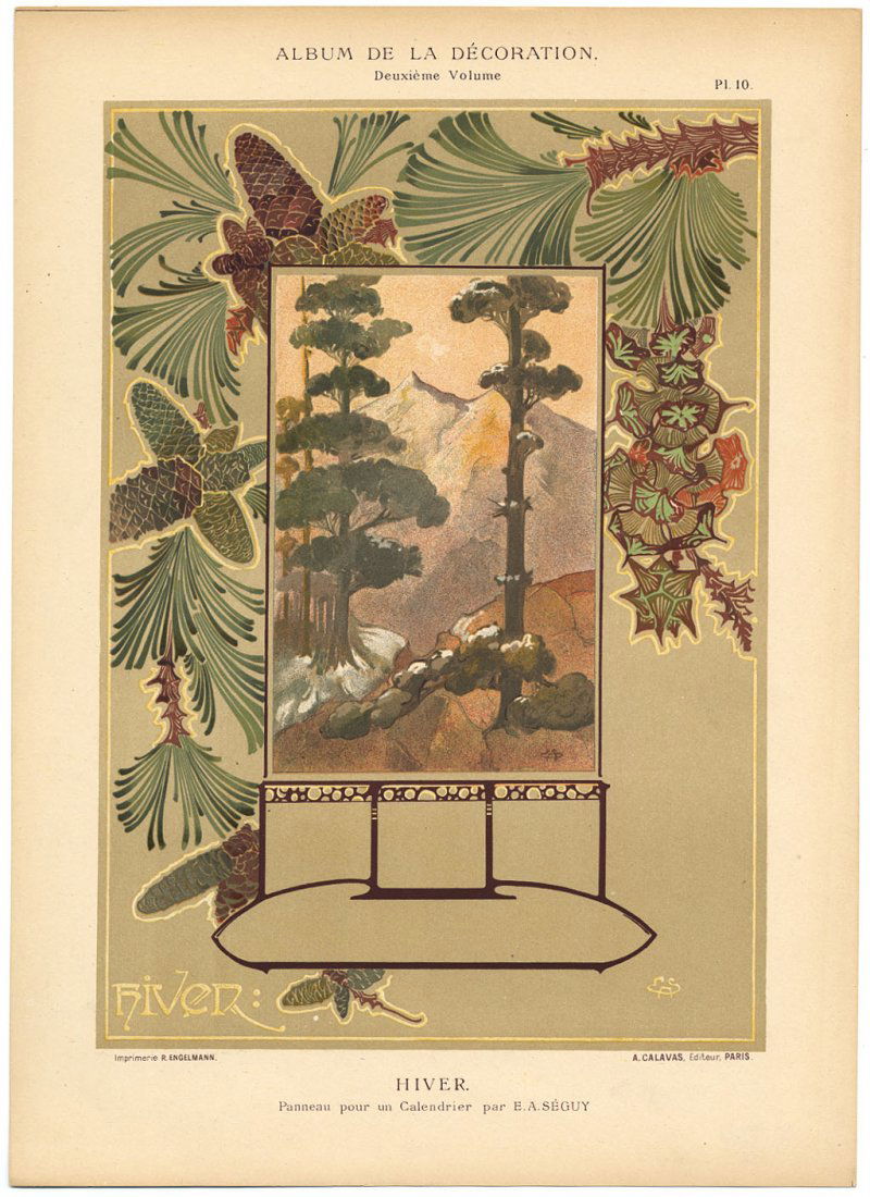 HIVER Art Nouveau French antique print: Panneau pour un Calendrier E.A. Seguy. Antique lithograph, c. 1900. 10.5" x 14.5" Artwork sold by the well-respected Century Guild gallery in Los Angeles, established 1999. All artworks guaranteed aut