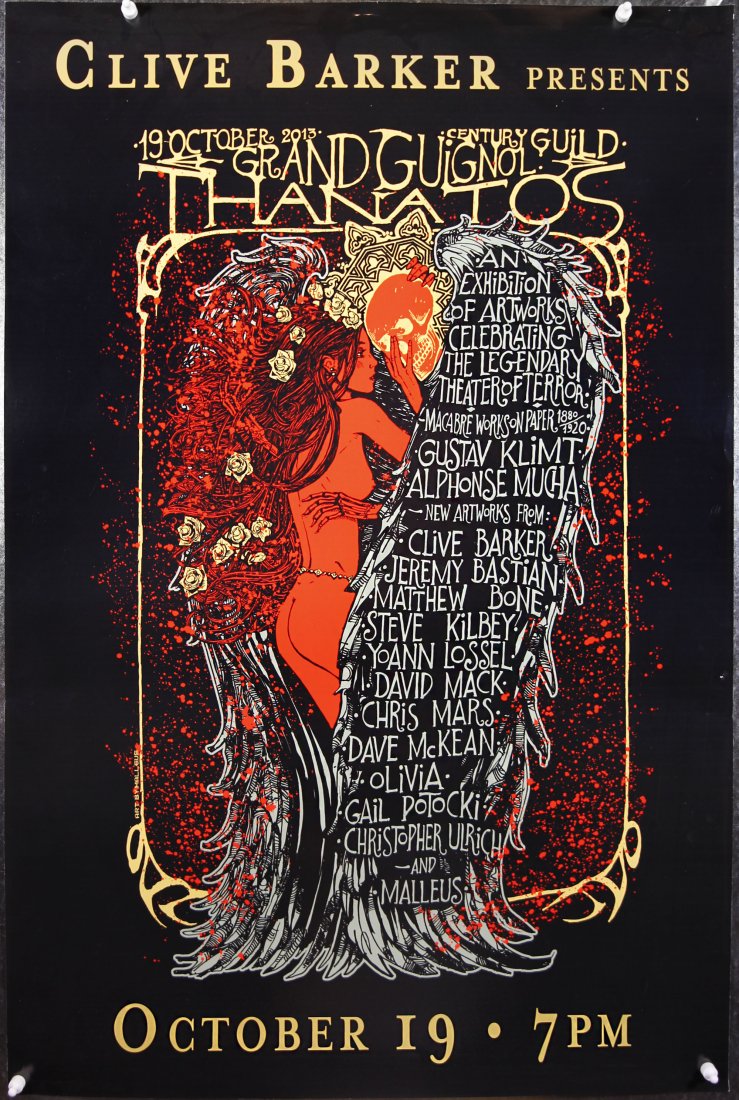 Clive Barker GRAND GUIGNOL Exhibition unique window: ONE OF A KIND. 24" x 36" poster on heavy gloss paper, was hung in the window to promote the October 19 2013 opening of the Grand-Guignol exhibition at Century Guild in Los Angeles. There is double-sid