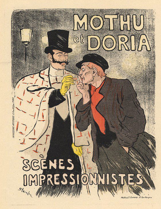 MOTHU ET DORIA musical theatre French antique poster: T.A. Steinlen. Social tensions of Paris c. 1897. 8.25" x 12" Artwork sold by the well-respected Century Guild gallery in Los Angeles, established 1999. All artworks guaranteed authentic and come with