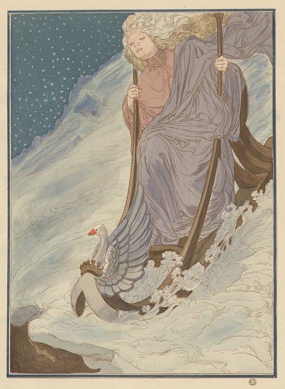 WOMAN ON SWAN SLEIGH Carlos Schwabe 1904: Metaphysical/ Symbolist work by Carlos Schwabe, handcolored lithography by studio, 1904. 7.75" X 11" Artwork sold by the well-respected Century Guild gallery in Los Angeles, established 1999. All artw