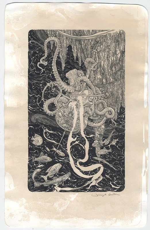 THE OCTOPUS AND THE SILVER CELLO Jeremy Bastian signed: Tea stained print, signed by artist. 10" x 16" Artwork sold by the well-respected Century Guild gallery in Los Angeles, established 1999. All artworks guaranteed authentic and come with receipt statin