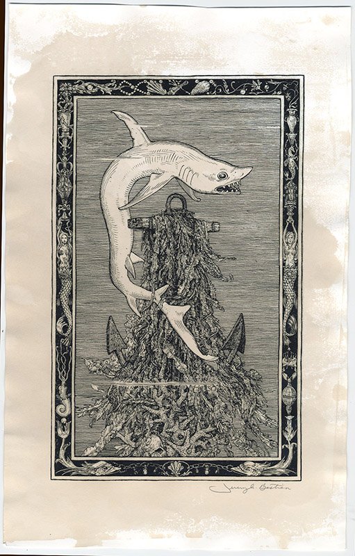 THE SHARK Jeremy Bastian signed print: Tea stained print, signed by artist. 10" x 16" Artwork sold by the well-respected Century Guild gallery in Los Angeles, established 1999. All artworks guaranteed authentic and come with receipt statin