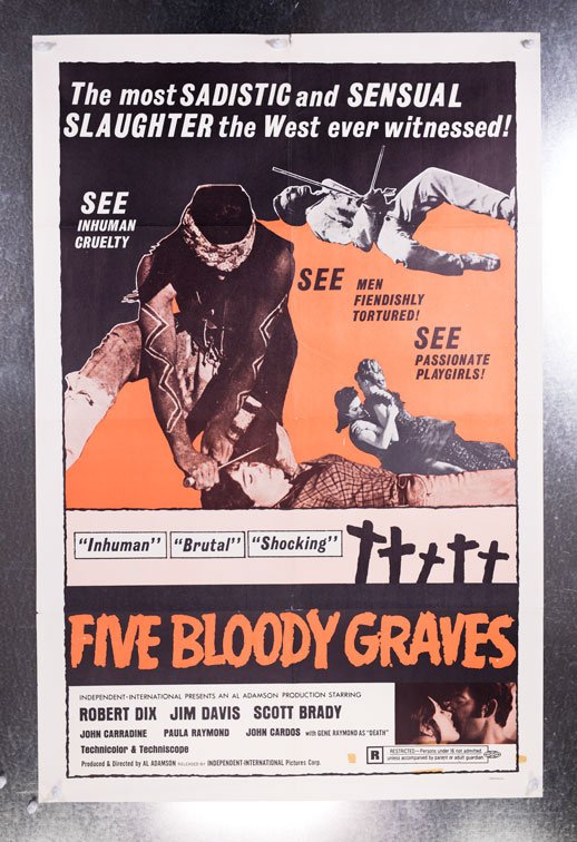 FIVE BLOODY GRAVES (1970) 27x41 occult movie poster: A lone gunmen hunts the violent Apache Satago in this vicious orgy of slaughter! 27" x 41" one sheet movie poster.