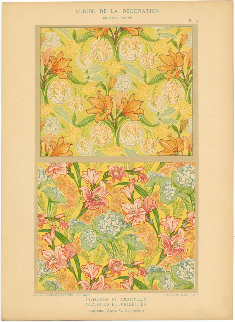 AMARYLLIS, VIOLETTES Art Nouveau antique flowers 1900: Tentures (Atelier C.G. Forrer). GLYCINES ET AMARYLLIS, GLAIEULS ET VIOLETTES Antique lithograph, c. 1900. 10.5 x 14.5 inches Artwork sold by the well-respected Century Guild gallery in Los Angeles, es