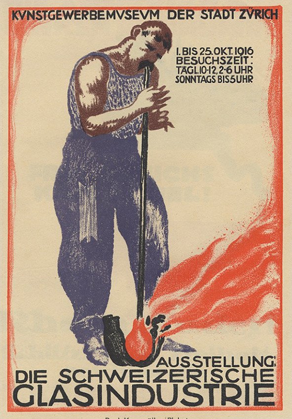 GLASINDUSTRIE industrial German lithograph 1916: Paul Kammuller. Swiss glass exhibition. Antique lithograph, 1916. 8.25" x 11.25" Artwork sold by the well-respected Century Guild gallery in Los Angeles, established 1999. All artworks guaranteed auth