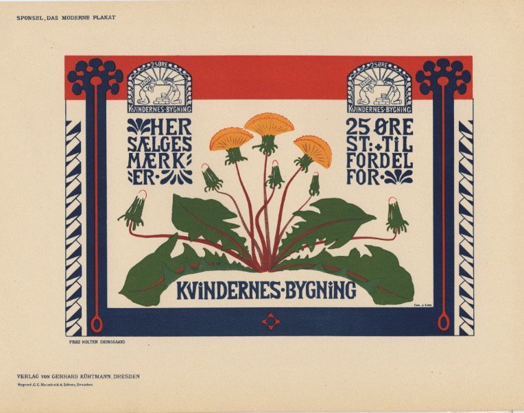 KVINDERNES BYGNING flowers lithograph: Frau Holten Skonsgaard. Advert for the Women's Cultural Buildling in Denmark. Antique lithograph, "Das Moderne Plakat," 1897. 9 x 12 inches. Artwork sold by the well-respected Century Guild gallery in