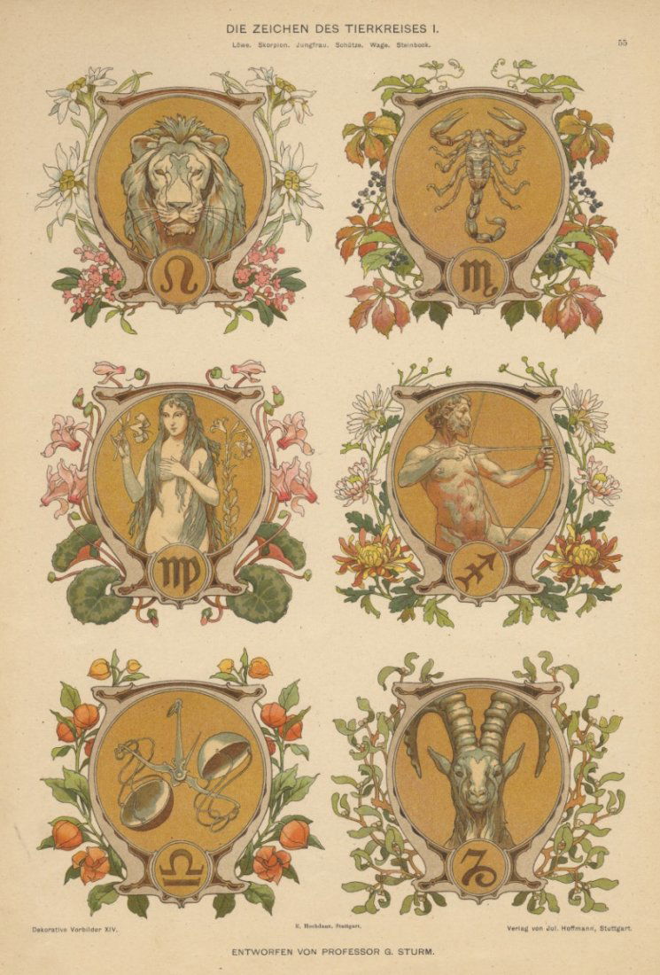 DIE ZEICHEN DES TIERKREISES I zodiac 1895 lithograph (1 of 1)