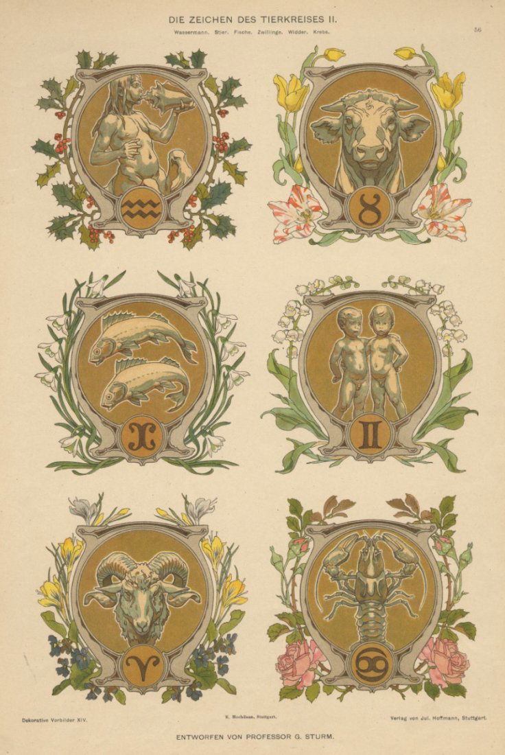 DIE ZEICHEN DES TIERKREISES II zodiac 1895 lithograph (1 of 1)