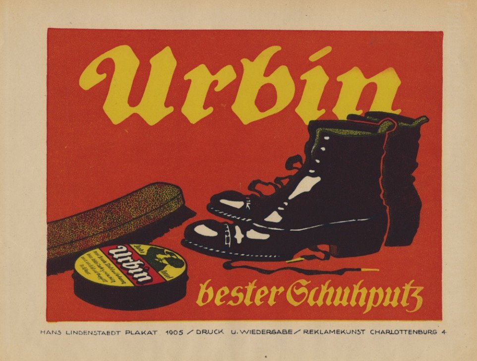 URBIN German advertising lithograph 1905: Hans Lindenstaedt. Advert for shoe polish. Antique lithograph, 1905. 11 x 8.25 inches. Artwork sold by the well-respected Century Guild gallery in Los Angeles, established 1999.