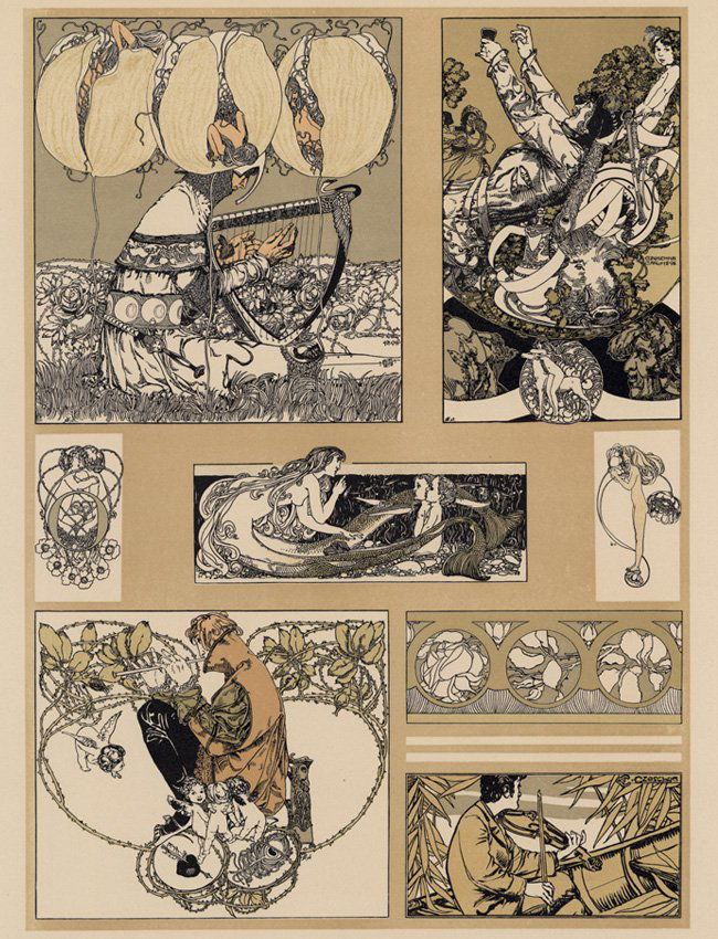 Symbolist lithograph Musical Vignettes 1895: Carl Otto Czeschka "Vignettes" Plate No. 114 "Gerlach Allegorien." Antique lithograph, 1896-1900. 13.75 x 17.25 inches. Artwork sold by the well-respected Century Guild gallery in Los Angeles, establi