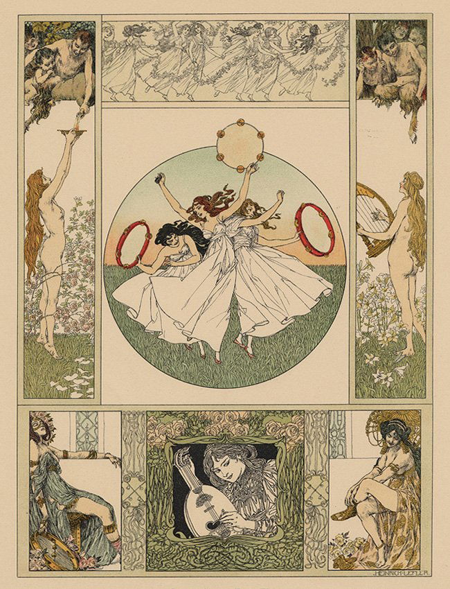 Song Music Dance Symbolist lithograph Classical: Heinrich Lefler "Song, Music, Dance, Wine" Plate No. 32 "Gerlach Allegorien." Antique lithograph, 1896-1900. 13.75 x 17.25 inches. Artwork sold by the well-respected Century Guild gallery in Los Angel
