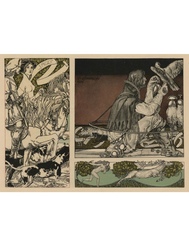 Czeschka Symbolist lithograph Hunt 1895: Carl Otto Czeschka "Hunt" Plate No. 85 "Gerlach Allegorien." Antique lithograph, 1896-1900. 17.25 x 13.75 inches. Artwork sold by the well-respected Century Guild gallery in Los Angeles, established 1