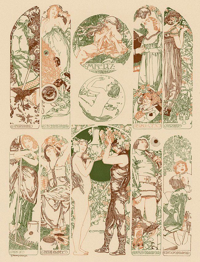 Czeschka Symbolist lithograph Seasons 1895: Carl Otto Czeschka "The Seasons" Plate No. 83 "Gerlach Allegorien." Antique lithograph, 1896-1900. 13.75 x 17.25 inches. Artwork sold by the well-respected Century Guild gallery in Los Angeles, establ