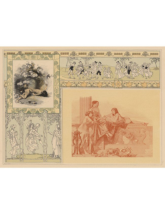 Love Arts Classical lithograph 1895: Heinrich Lefler, Carl von Marr, Sergius Josef Hruby "Wine, Love, Music, Song, Dance" Plate No. 38. "Gerlach Allegorien." Antique lithograph, 1896-1900. 17.25 x 13.75 inches. Artwork sold by the well-r