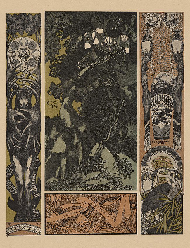 Czeschka hunting Symbolist lithograph 1895: Carl Otto Czeschka "Hunting" Plate No. 78. "Gerlach Allegorien." Antique lithograph, 1896-1900. 13.75 x 17.25 inches. Artwork sold by the well-respected Century Guild gallery in Los Angeles, establish