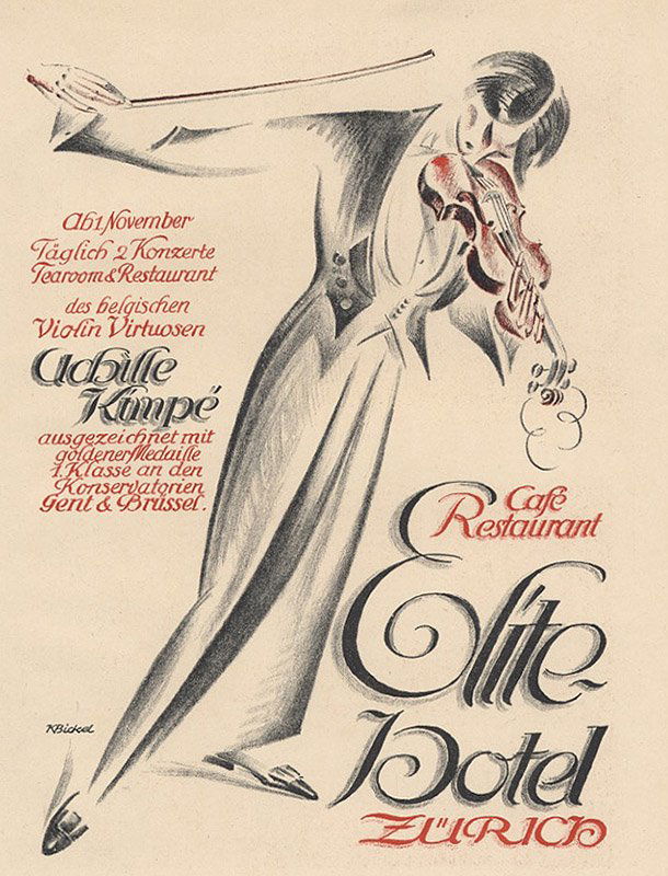 ELITE HOTEL ZURICH art deco violin lithograph 1917 (1 of 1)