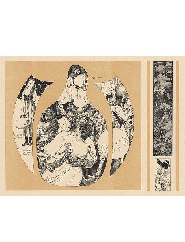 Czeschka Symbolist lithograph Dance Wine 1895: Carl Otto Czeschka "Dance and Wine" Plate No. 106 "Gerlach Allegorien." Antique lithograph, 1896-1900. 17.25 x 13.75 inches. Artwork sold by the well-respected Century Guild gallery in Los Angeles, es