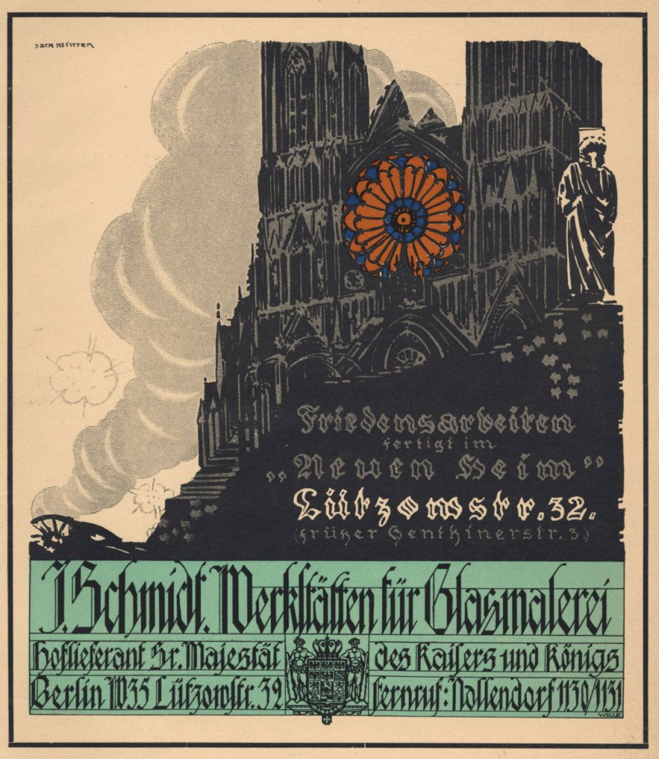 NEUEN HEIM church glass lithograph c.1920 (1 of 2)